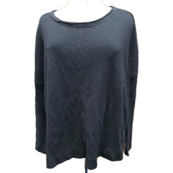 Anthropologie Thermal Waffle Knit Top Women's Sz S Black Boxy Oversized Raw Edge - Picture 1 of 8